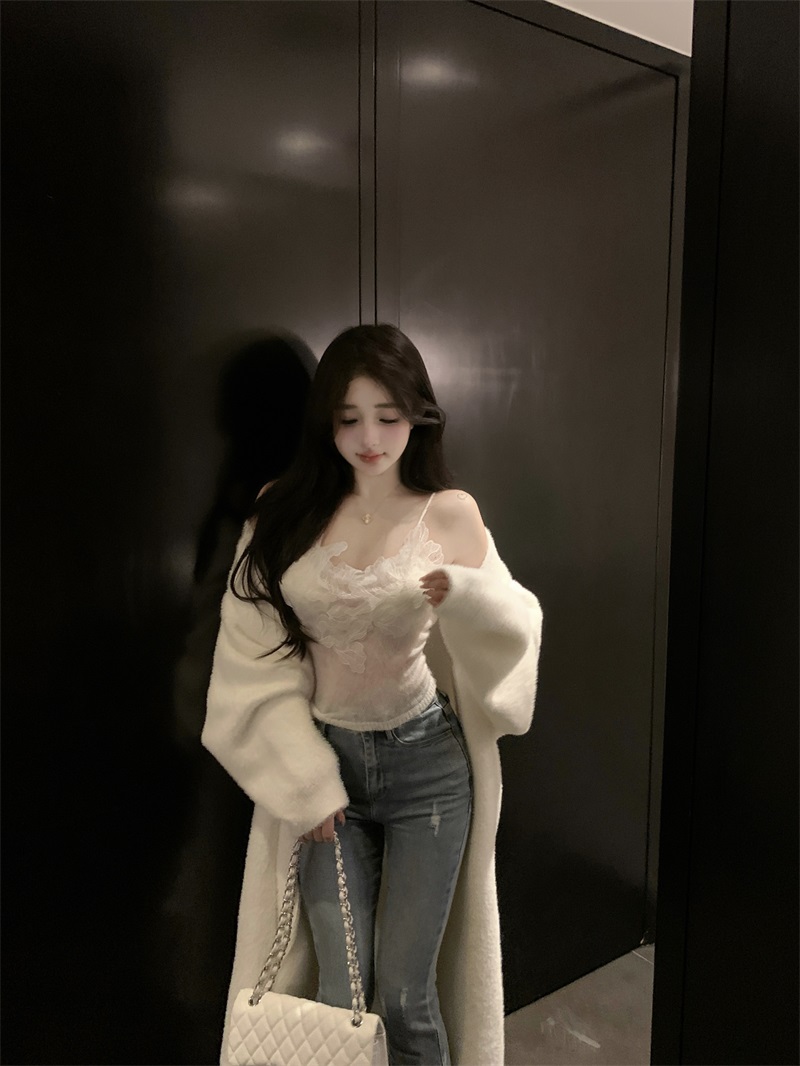 實拍軟糯戀歌秋冬仿貂絨中長款慵懶風開衫毛衣女毛毛外套