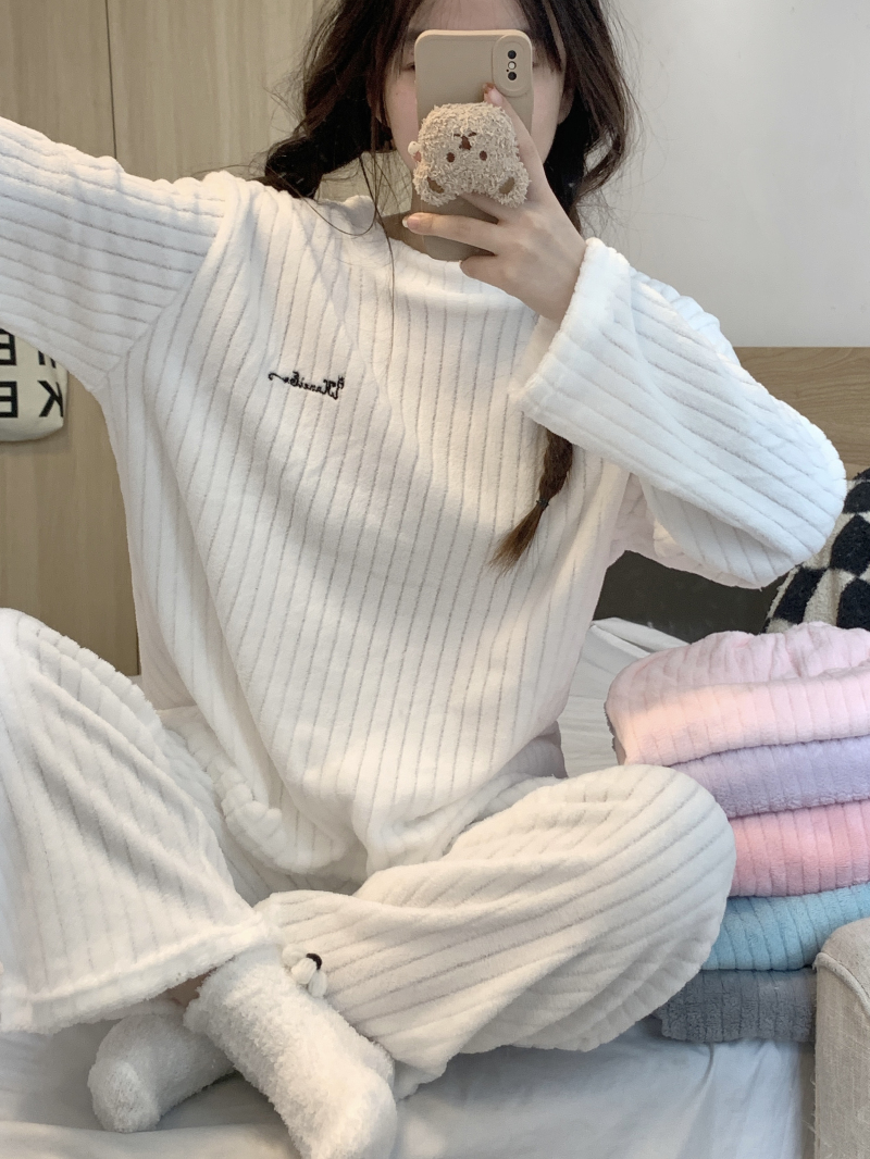 實拍 加絨加厚睡衣珊瑚絨長袖兩件套豎條紋暖暖家居服套裝