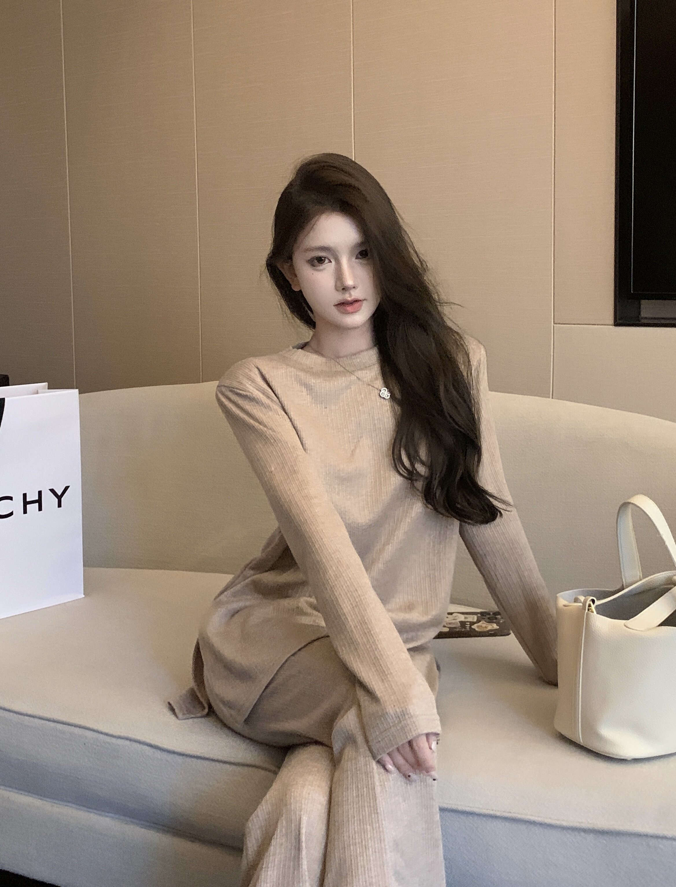 實拍 慵懶氣質懶人套裝墊肩上衣/垂感長褲休閒褲女秋兩件套