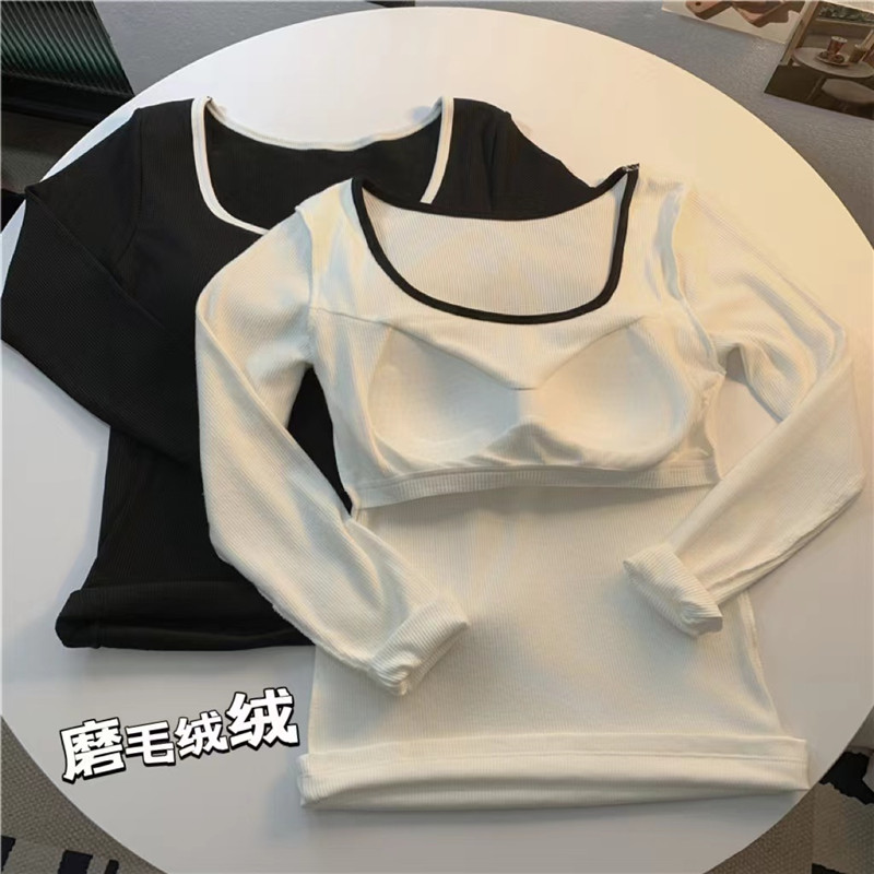 實拍~秋冬加絨保暖內衣U領長袖帶胸墊修身內搭打底上衣