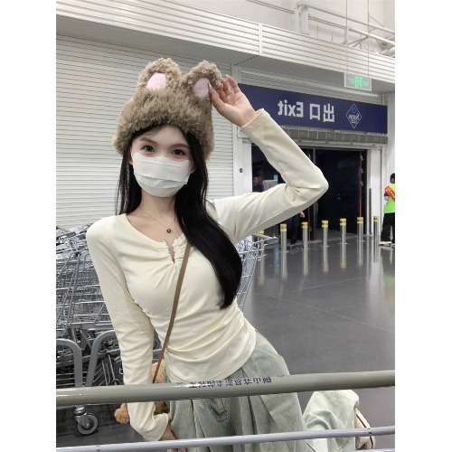 半開領正肩帶胸墊T恤女新款設計感修身長袖顯瘦內搭打底衫上衣