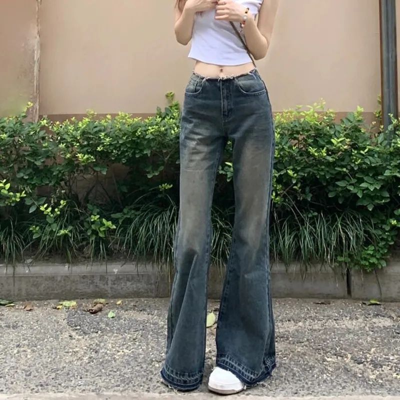美式復古做舊微喇牛仔褲女夏天薄款毛邊拖地闊腿直筒低腰喇叭褲女