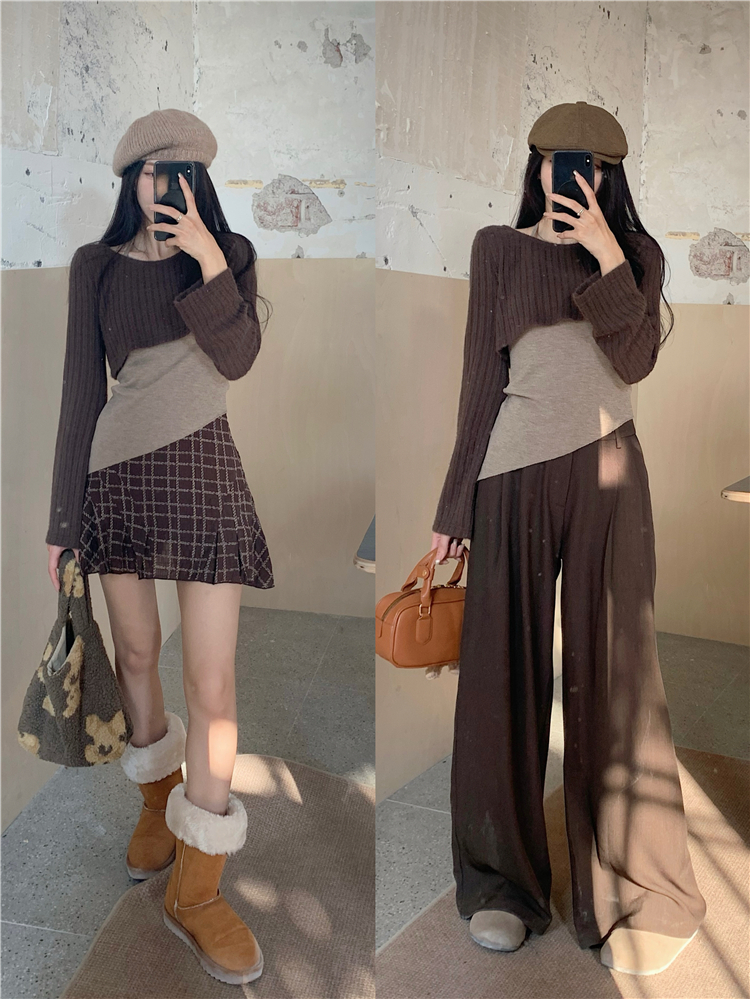 實拍~小個子美拉德穿搭一整套秋冬吊帶背心針織衫套裝女