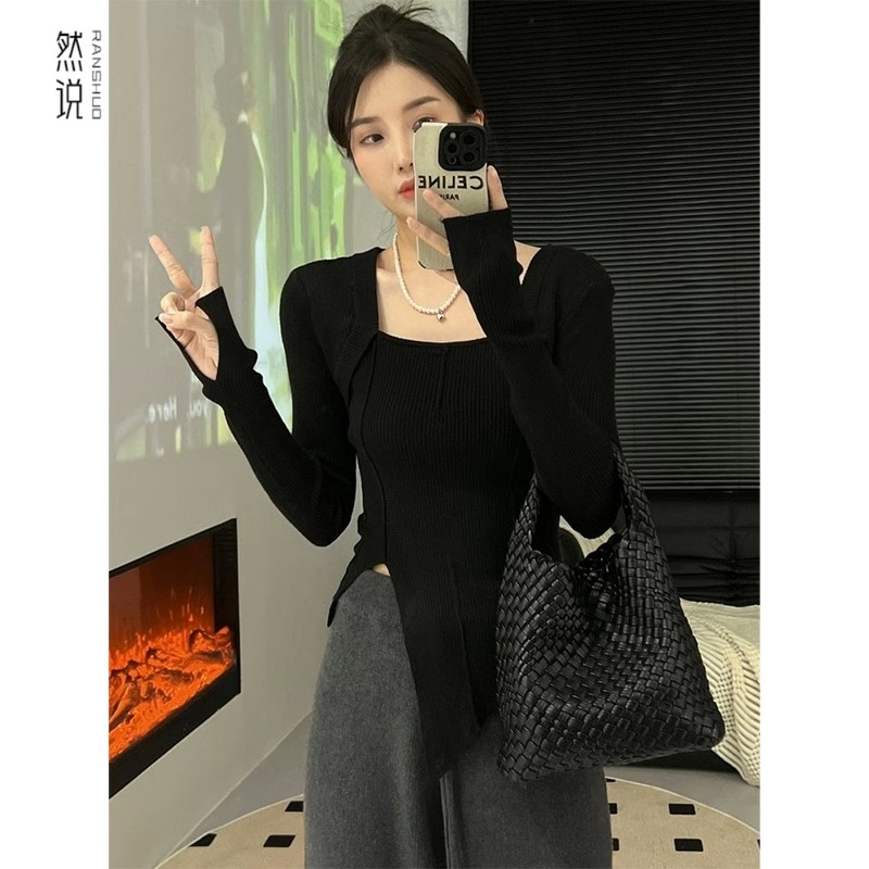 方領不規則設計感小眾獨特别致上衣修身長袖針織打底衫女內搭春秋
