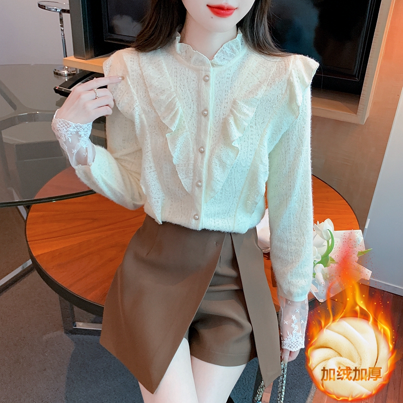 宮廷風襯衫女式設計感小眾上衣蕾絲加絨打底衫女秋冬2023新款洋氣