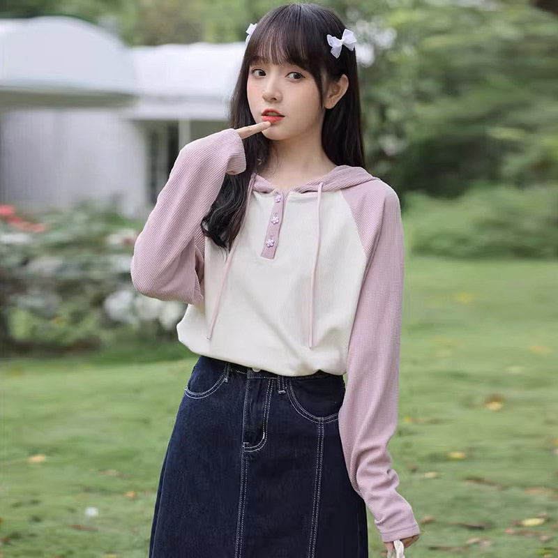 原版做工2023新款撞色連帽長袖衛衣女寬鬆拼接設計感抽繩上衣