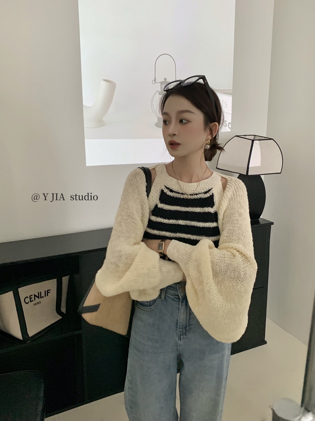 韓國東大門早春新款條紋無袖背心吊帶+純色針織披肩兩件套裝