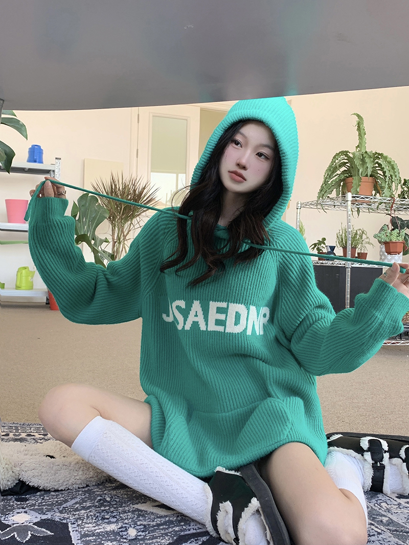 實拍三標齊寬鬆慵懶字母連帽小眾毛衣套頭抽繩外套