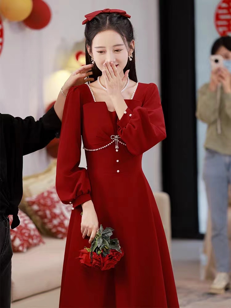 敬酒服新娘酒紅色訂婚小個子結婚當天禮服連衣裙女回門便裝長袖冬