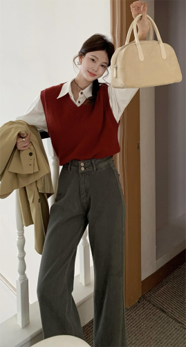 实拍秋季时尚新款韩版纯色高腰显高显瘦直筒垂感牛仔长裤