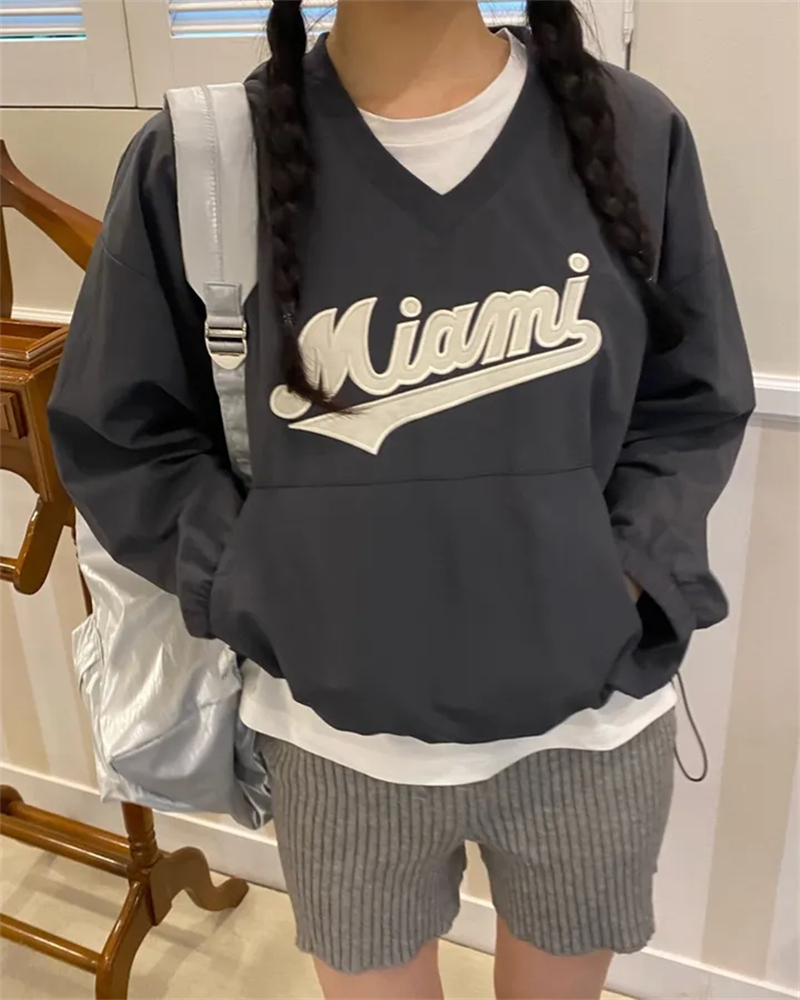 已保護~美式運動復古休閒少女刺繡字母V領套頭上衣衛衣秋冬韓國