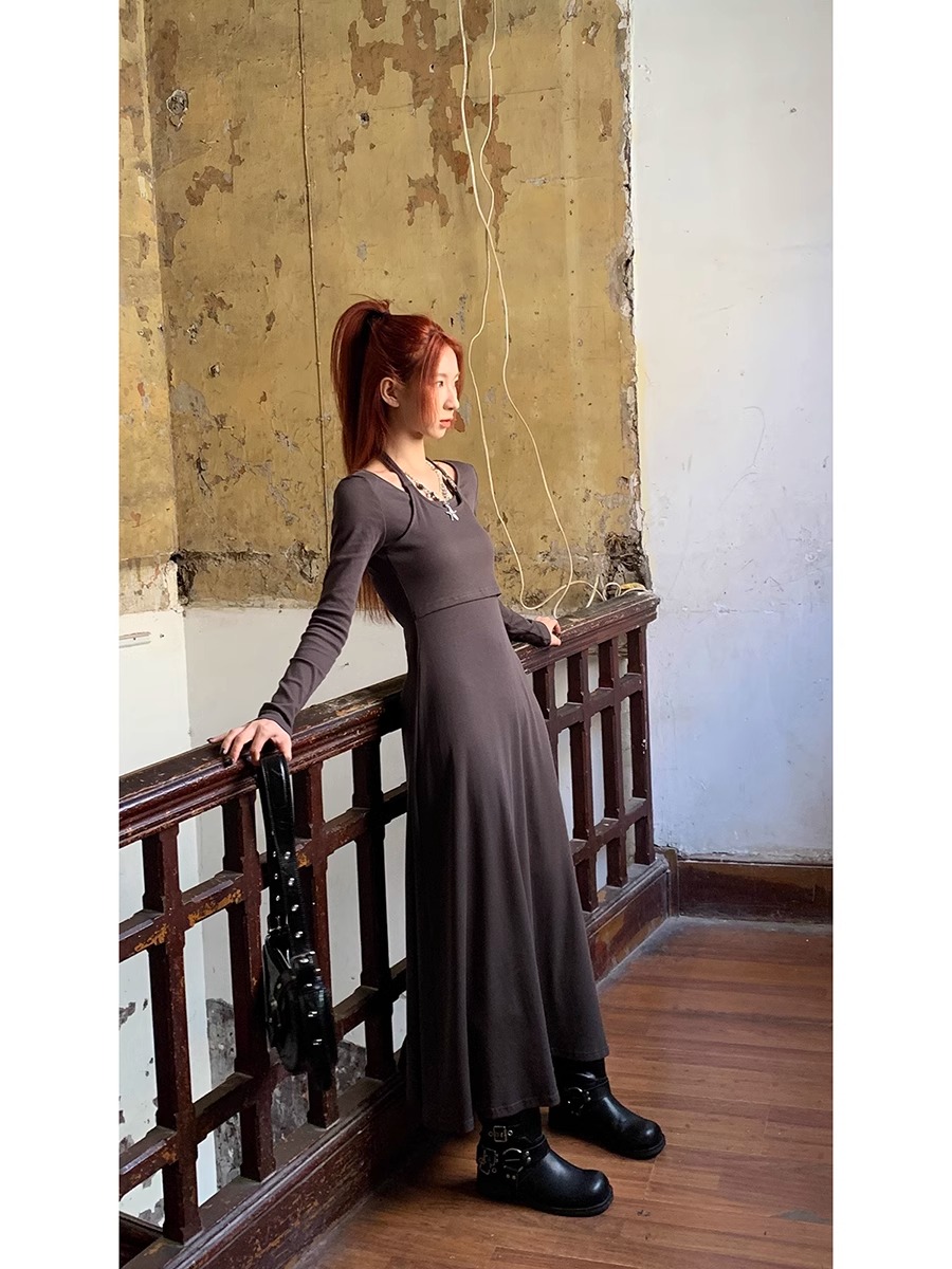 Celebrity Hall French dress for women spring and autumn 2023 new skirt long-sleeved slimming temperament high-end exquisite long skirt
