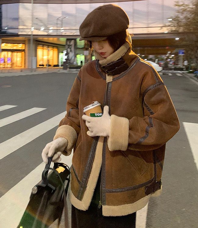 皮毛一體羊羔毛外套女冬季2023新款麂皮絨加絨加厚高級感機車夾克