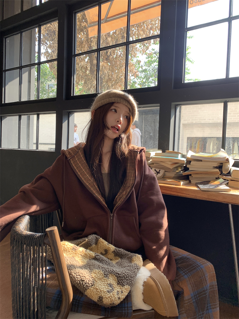 實拍  寬鬆慵懶格子拼接連帽衛衣外套女