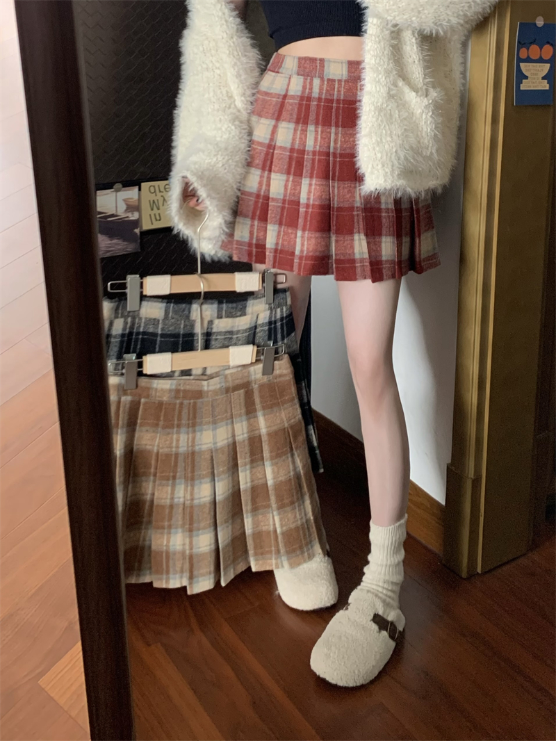 實拍秋冬紅色毛呢格子半身裙高腰顯瘦超短裙百褶A字裙