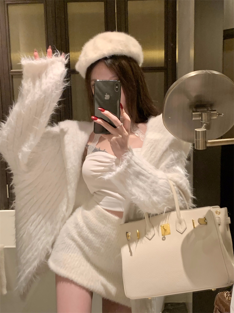 實拍 洋氣大翻領毛絨絨寬鬆長袖毛衣外套外穿上衣開衫女