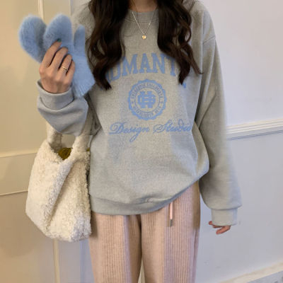 原宿BF加絨加厚套頭圓領衛衣女學生鹽系寬鬆上衣秋冬季外套慵懶風