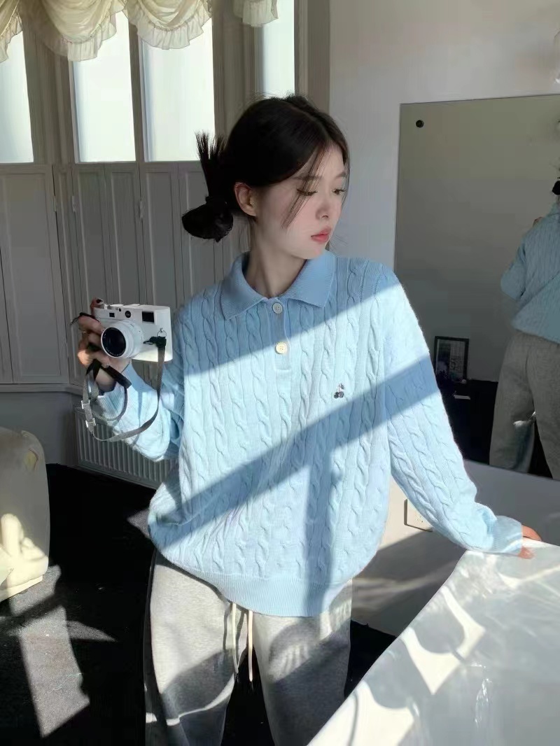 韓系溫柔風polo領白色麻花毛衣女早秋寬鬆慵懶針織衫軟糯百搭上衣