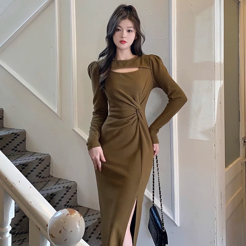 MM秋季韓系修身顯瘦高級感連衣裙氣質御姐設計感開叉長裙潮