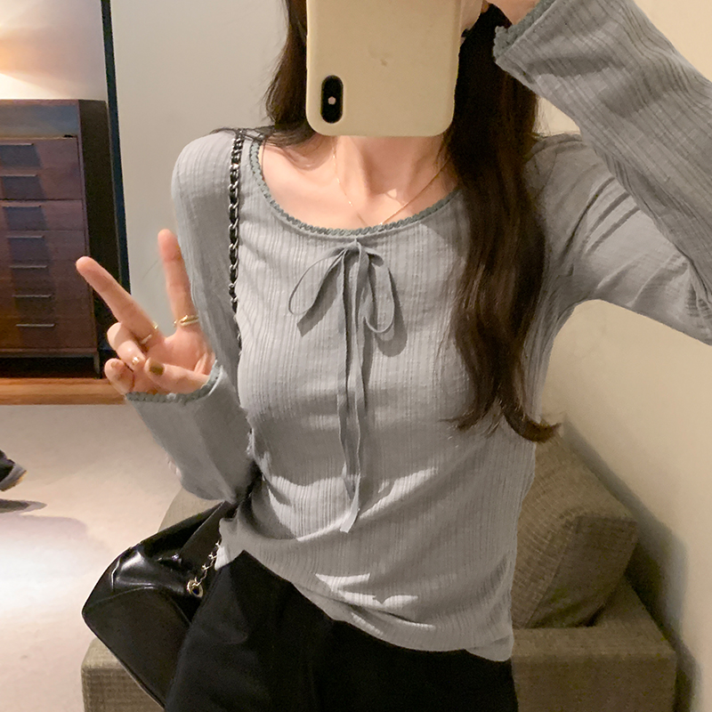 Real photos of Korean college style design lace collar webbing long-sleeved T-shirt autumn age-reducing all-match bottoming shirt