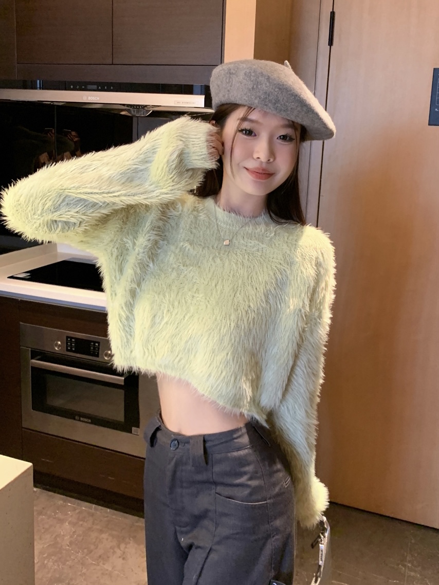實拍 軟糯糯純色寬鬆圓領仿水貂毛短款親膚毛毛上衣