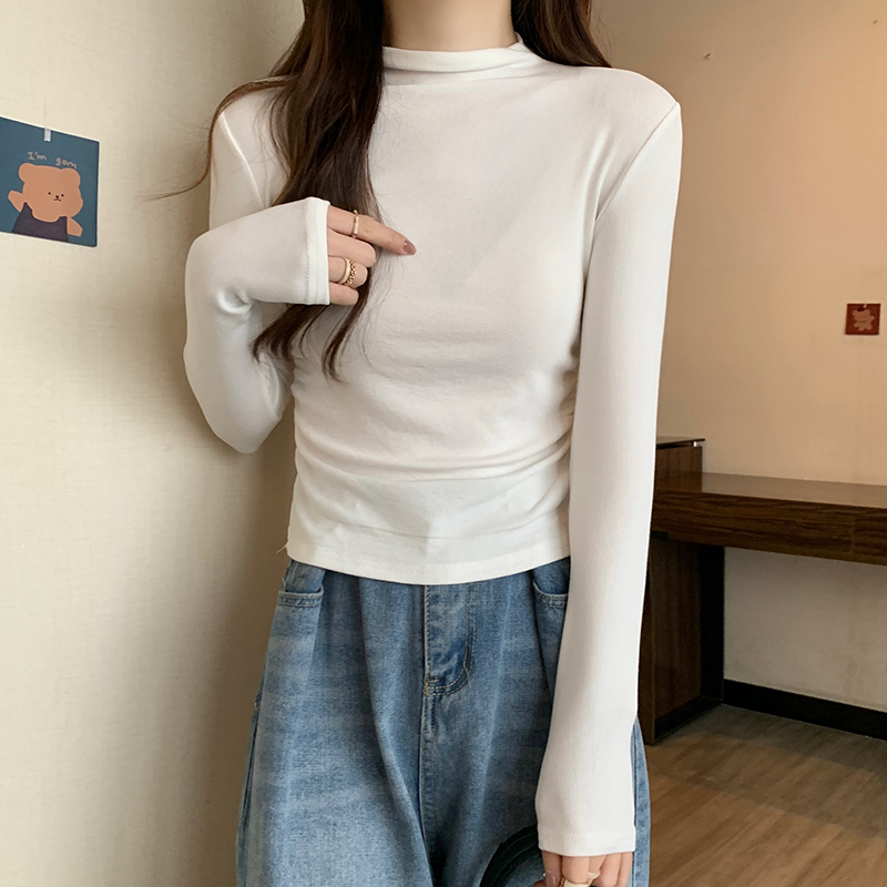 實拍 秋季韓版寬鬆250克螺紋半高領外穿內搭打底衫長袖T恤女