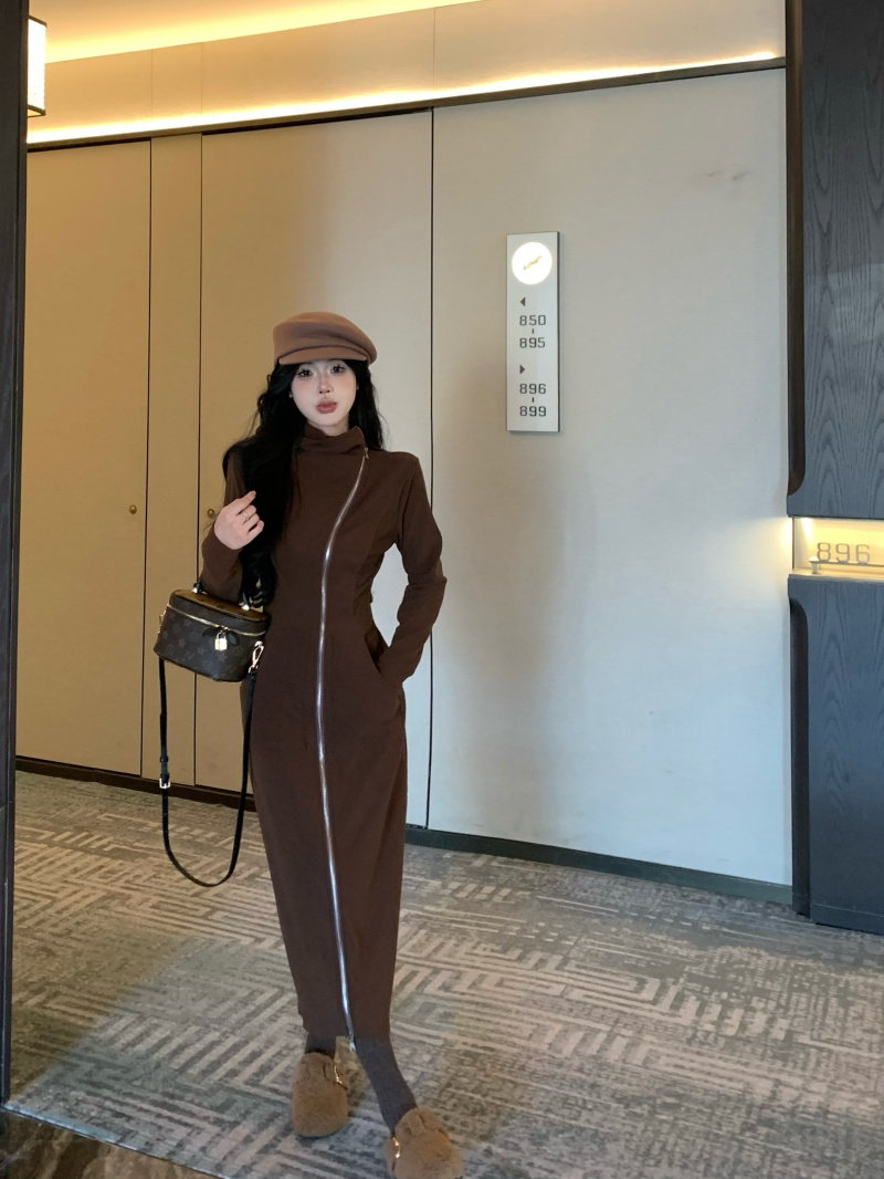 實拍 小眾設計2023新款連帽長裙拉鏈連衣裙女