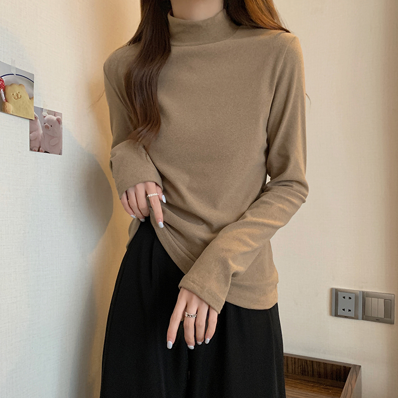 實拍 秋季韓版寬鬆半高領保暖德絨純色打底衫長袖T恤女
