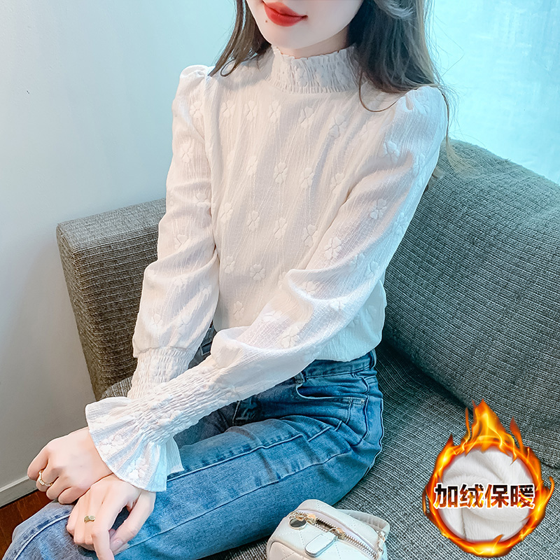 實拍2023秋冬加絨法式宮廷風半高領內搭打底衫氣質蕾絲衫仙女