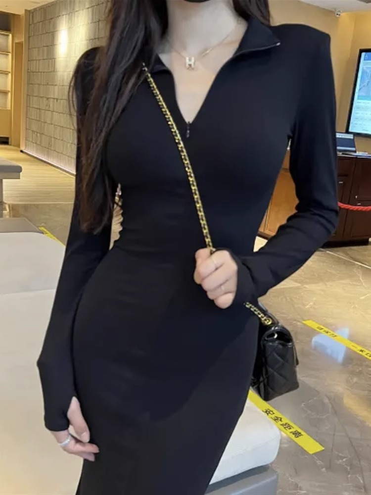 Pure Desire Stand Collar Slim Dress Early Autumn Temperament Long Fishtail Skirt Women's Knitted Hip Skirt 2023 New Long Sleeve