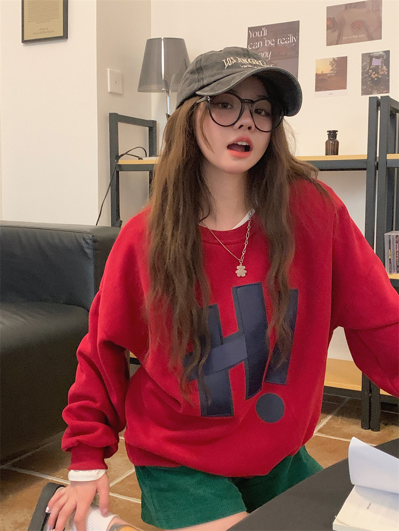 實拍~新款加厚字母圓領衛衣女時尚寬鬆休閒顯瘦套頭上衣