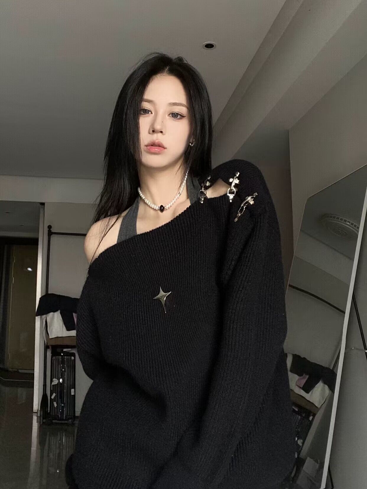 綿羊絨#時髦洋氣設計感小眾慵懶風中長款寬鬆露肩長袖針織衫毛衣