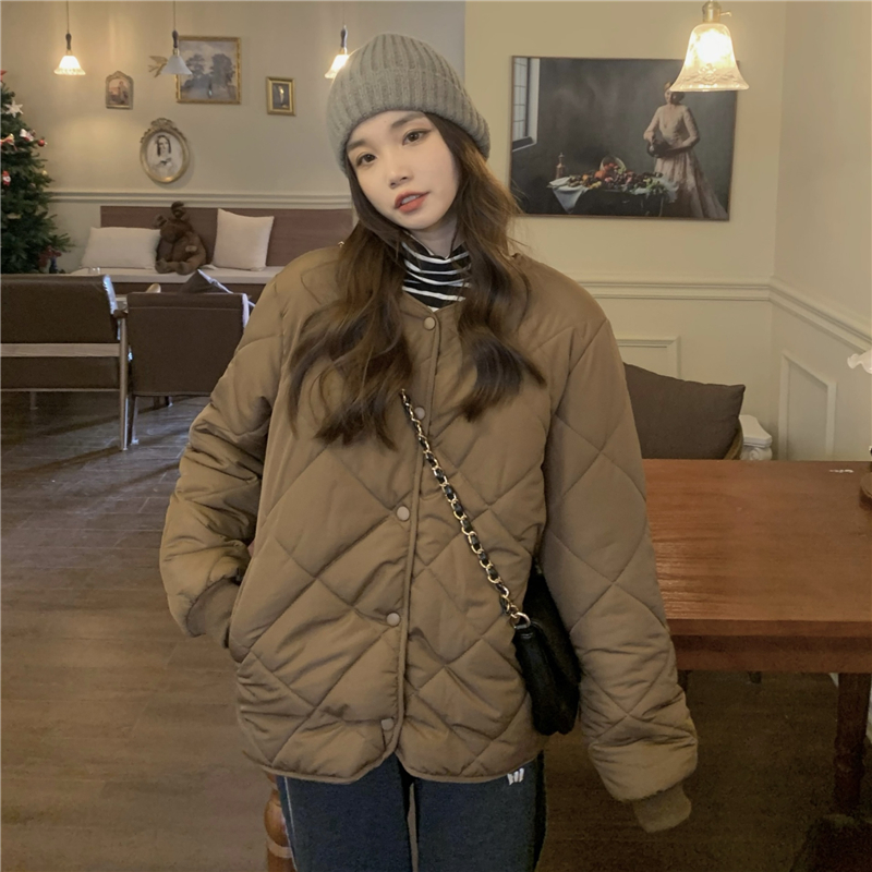 實拍！韓版小個子菱格棉服女冬季簡約復古夾棉加厚棉衣外套潮