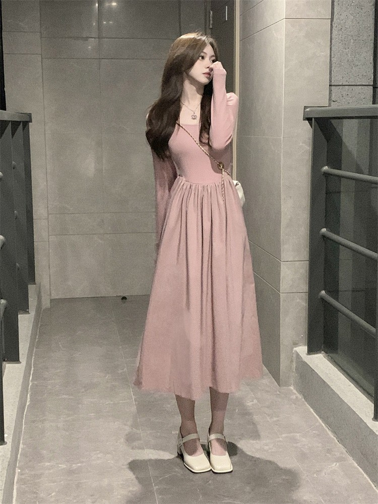 Tea break French sexy pink dress for women in spring and autumn slim fit inner wear with sweet hottie chic super hot A-line skirt