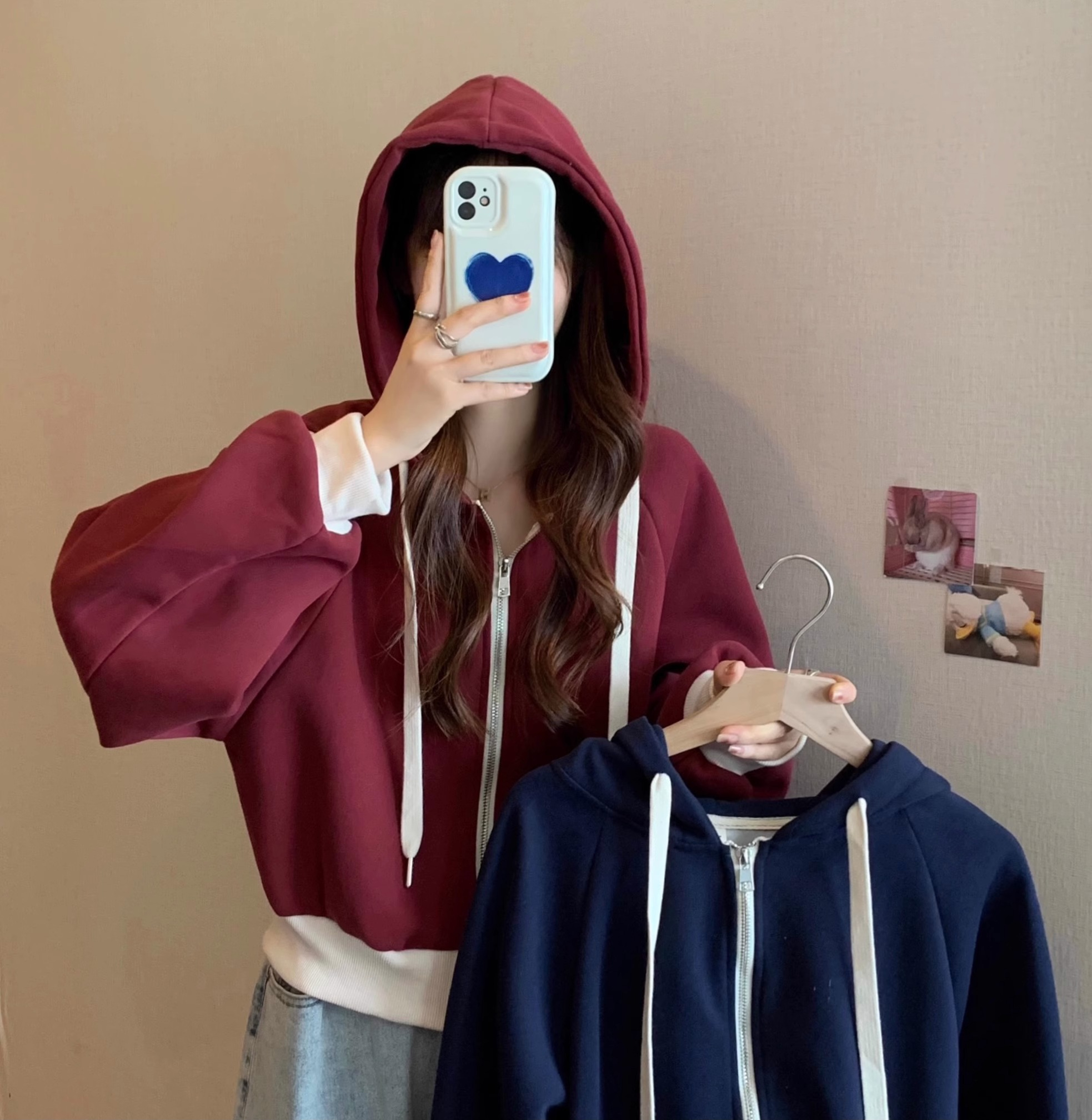 大碼韓版撞色連帽衛衣外套秋季新款女裝胖mm顯瘦短款抽繩長袖上衣