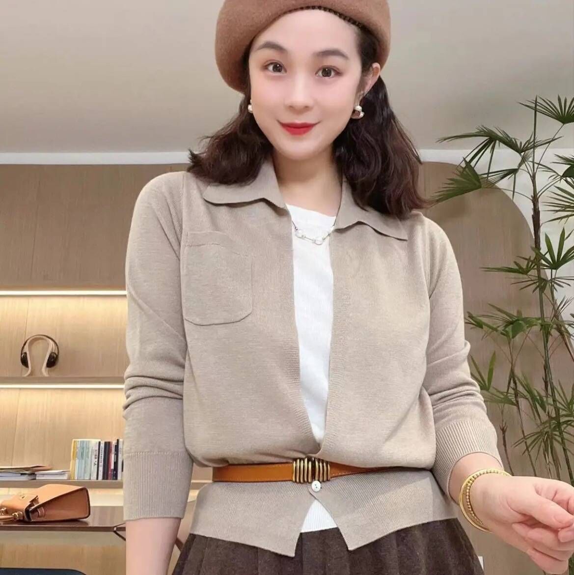 溫柔風復古翻領假兩件長袖針織衫女秋冬設計感小眾氣質毛衣配皮帶