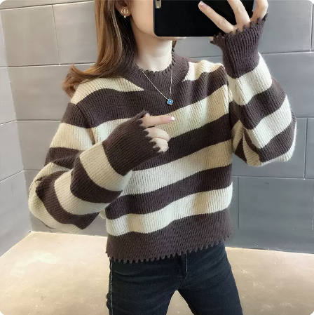 條紋小個子短款毛衣女2023年新款秋冬內搭洋氣加厚高腰打底衫
