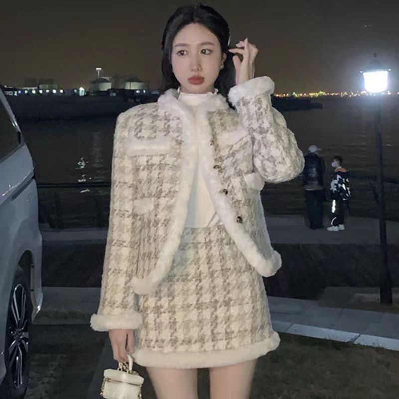 短外套2023新款溫柔千鳥格上衣呢子法式小香風A字裙套裝女秋冬季