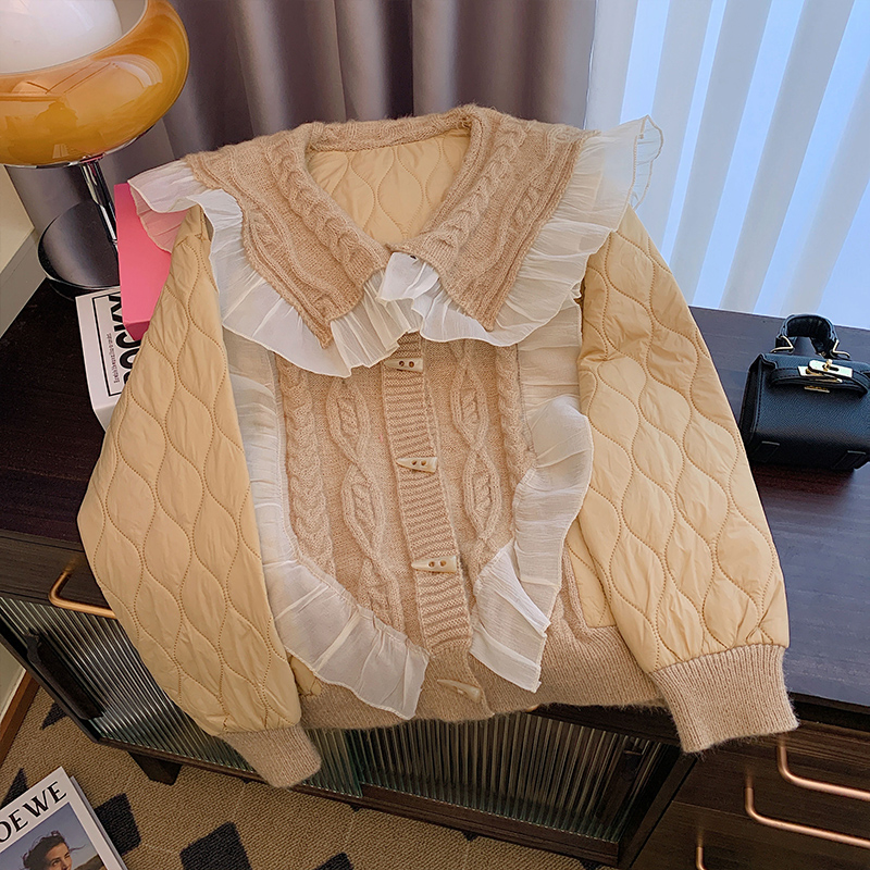 甜美針織拼接棉服外套女冬裝新款韓版學院風娃娃領春秋棉衣外套