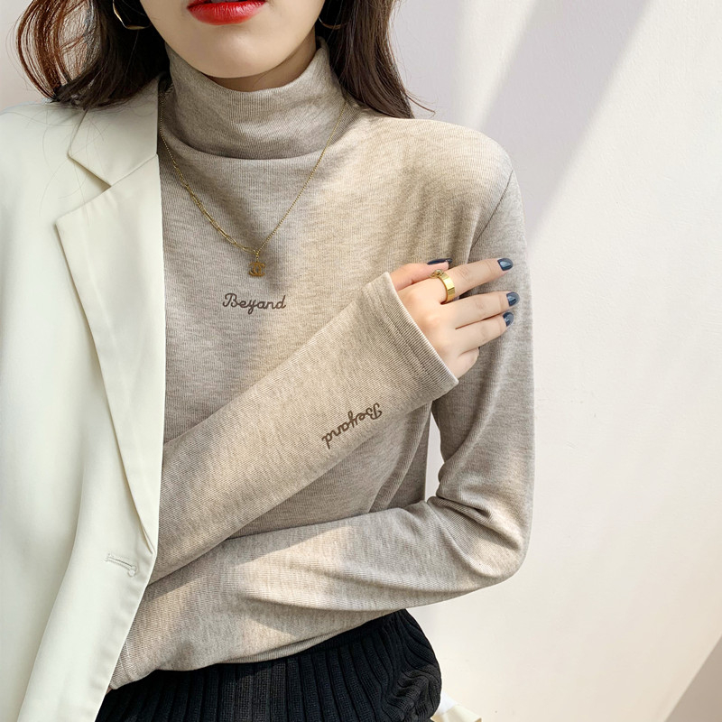德絨修身保暖中領半高領打底衫女加絨加厚秋冬季內搭長袖t恤上衣