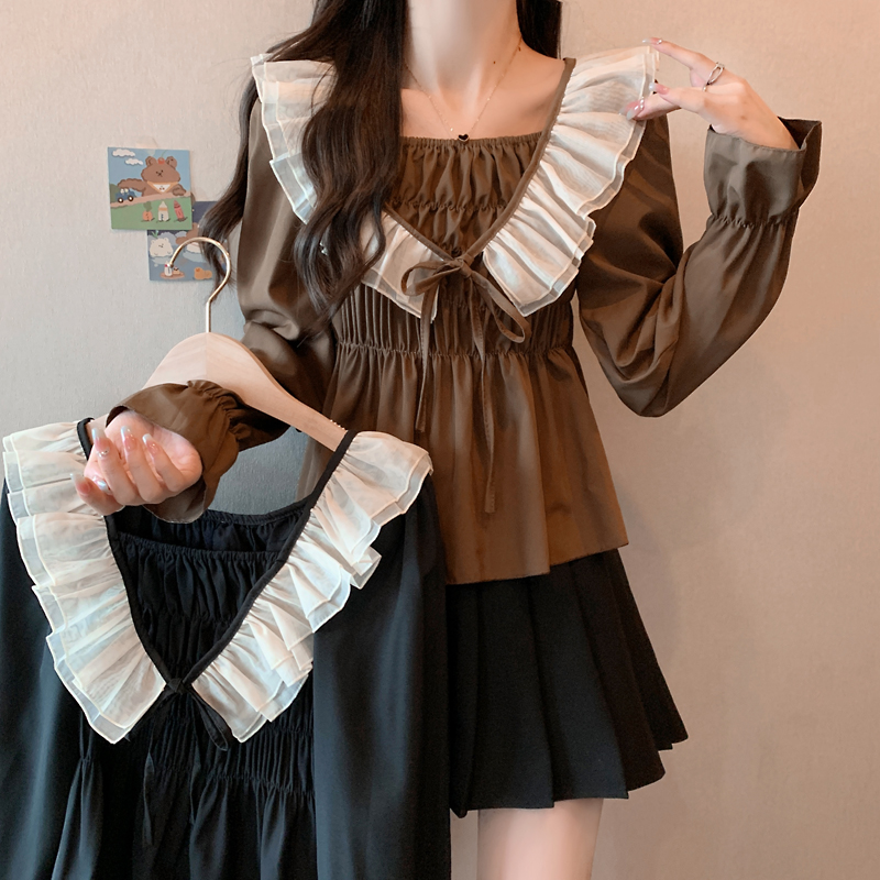 Real shot of women's French ruffled long-sleeved shirt for women in autumn and winter, belly-covering slim shirt, trendy tops