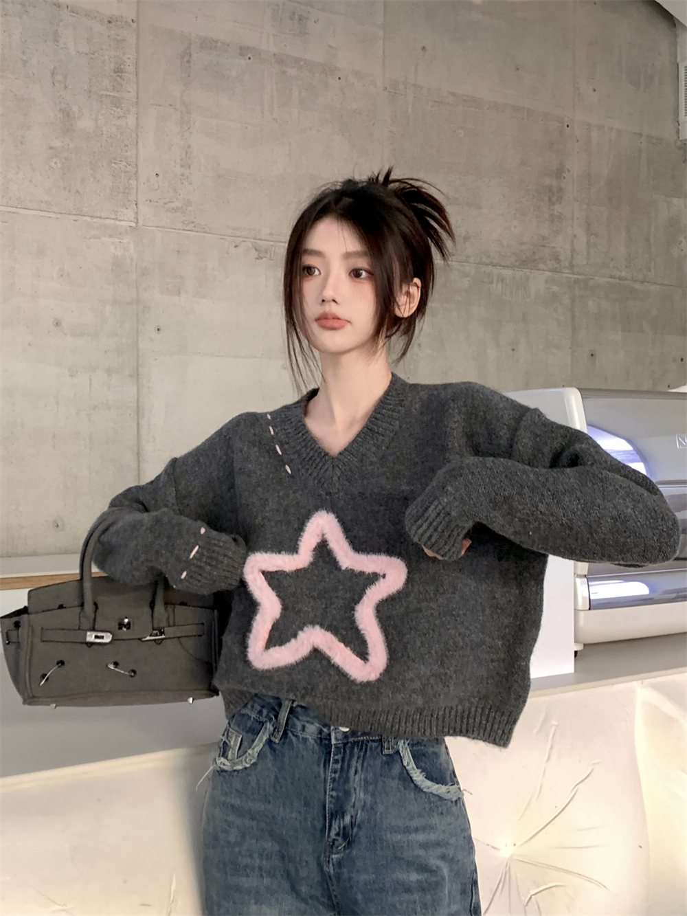 實拍~ 復古甜美V領套頭立體五角星短款寬鬆顯瘦百搭長袖毛衣