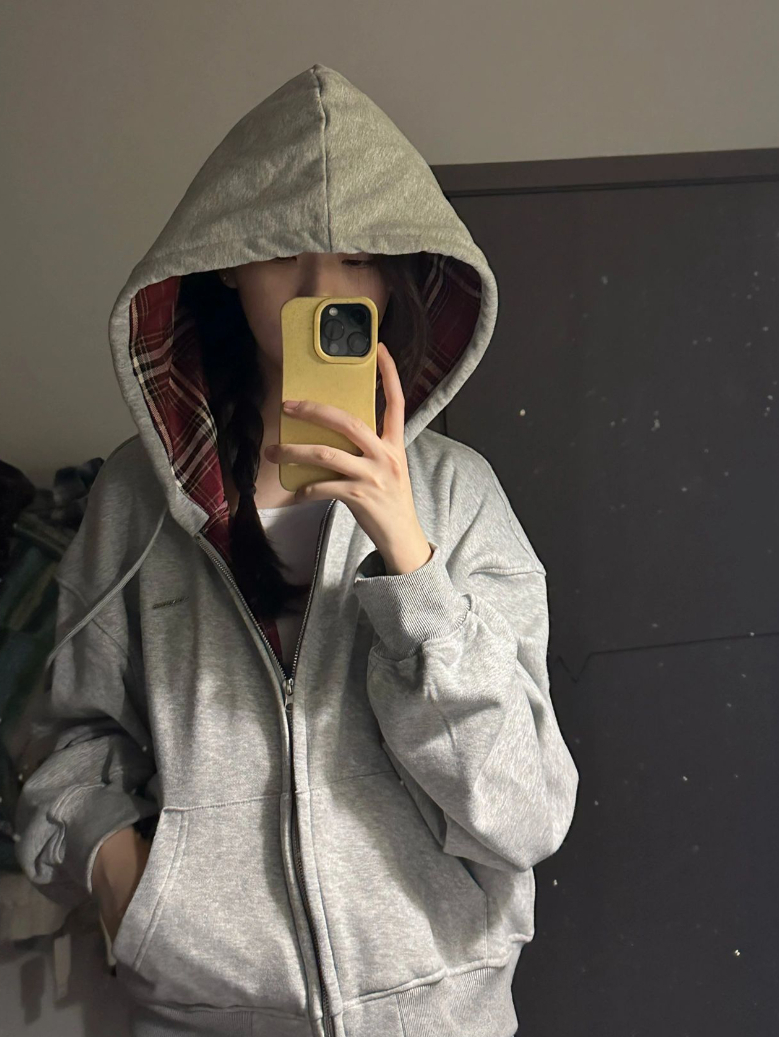 後包領雙層帽不起球棉螺口仿棉華棉複合310剋薄款衛衣女格紋里布