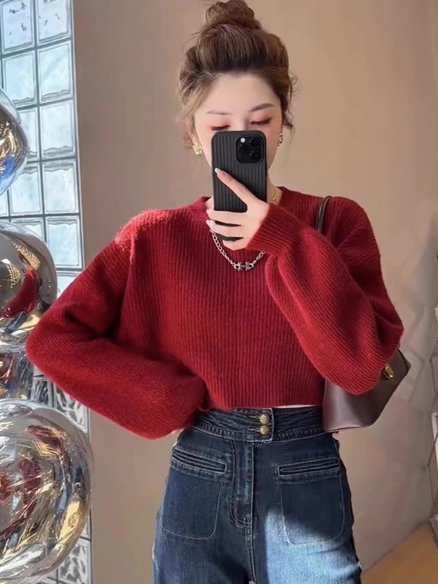 毛衣女秋冬季設計感小眾短款純欲針織上衣寬鬆顯瘦洋氣紅色羊毛衫