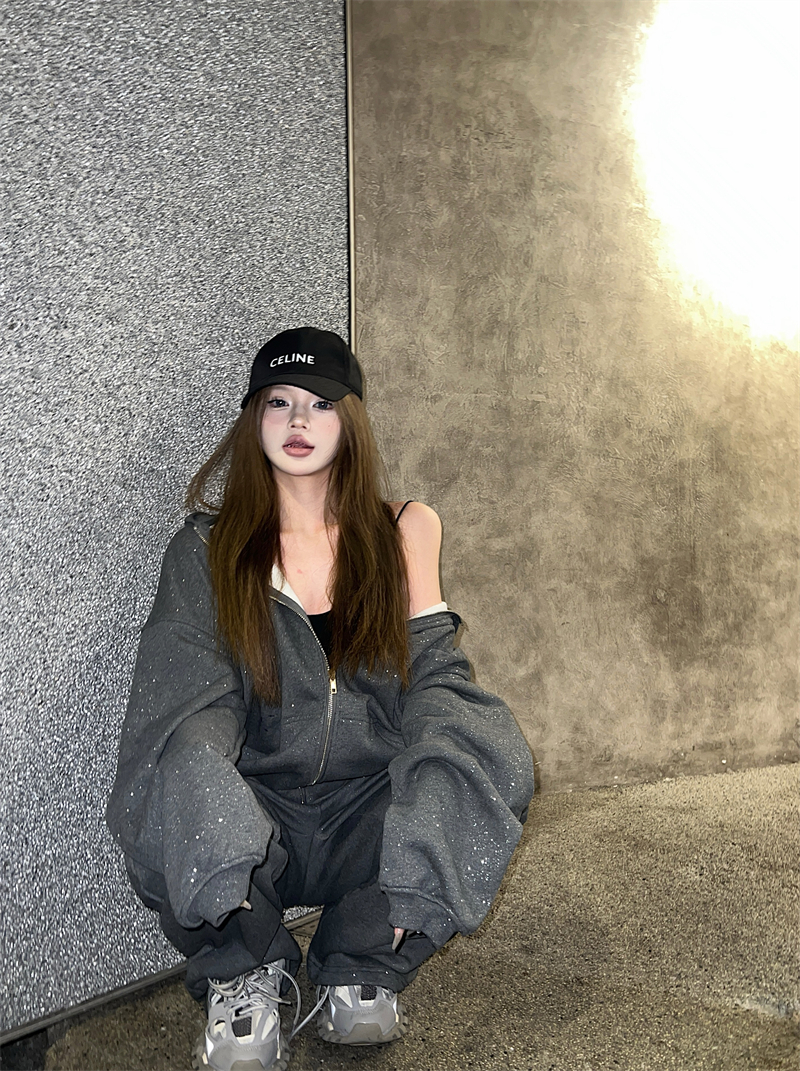 實拍  閃閃惹人愛加絨連帽衛衣拉鏈oversize慵懶風外套褲子