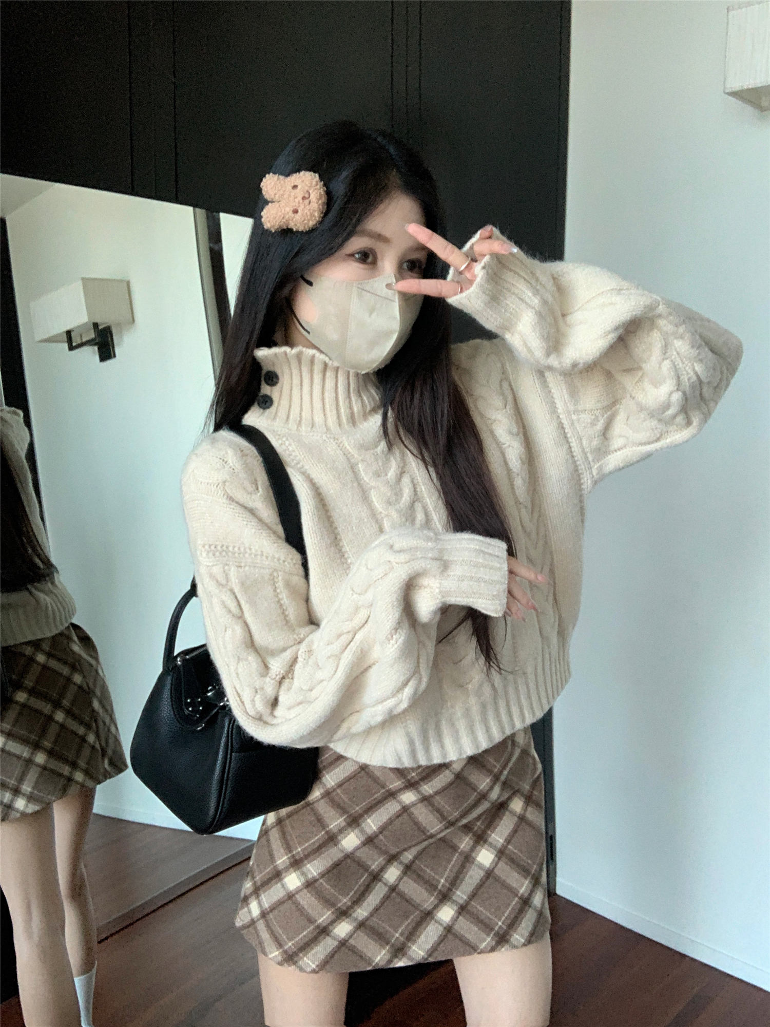 實拍~慵懶風套裝女寬鬆軟糯麻花毛衣秋季格子半身短裙兩件套