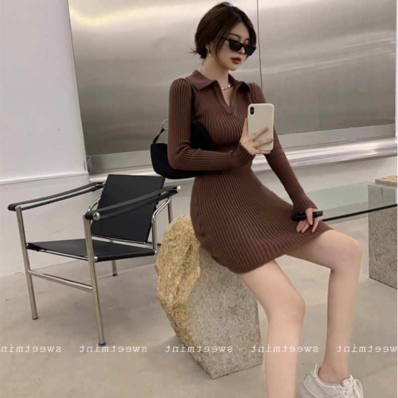 2023 autumn and winter new French retro polo collar knitted dress with sweater bottoming tight hip skirt