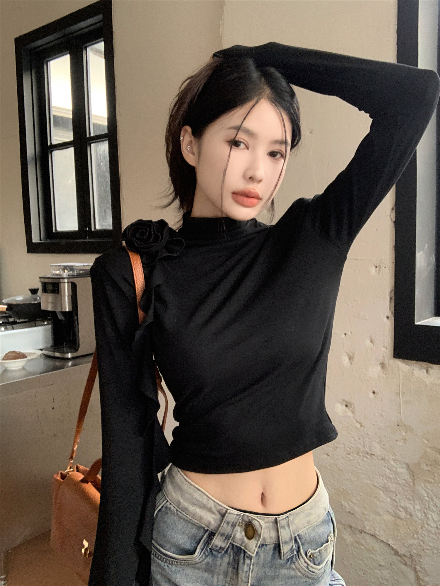 實拍~秋冬高級感氣質半高領花朵長袖套頭T恤衫百搭舒適上衣
