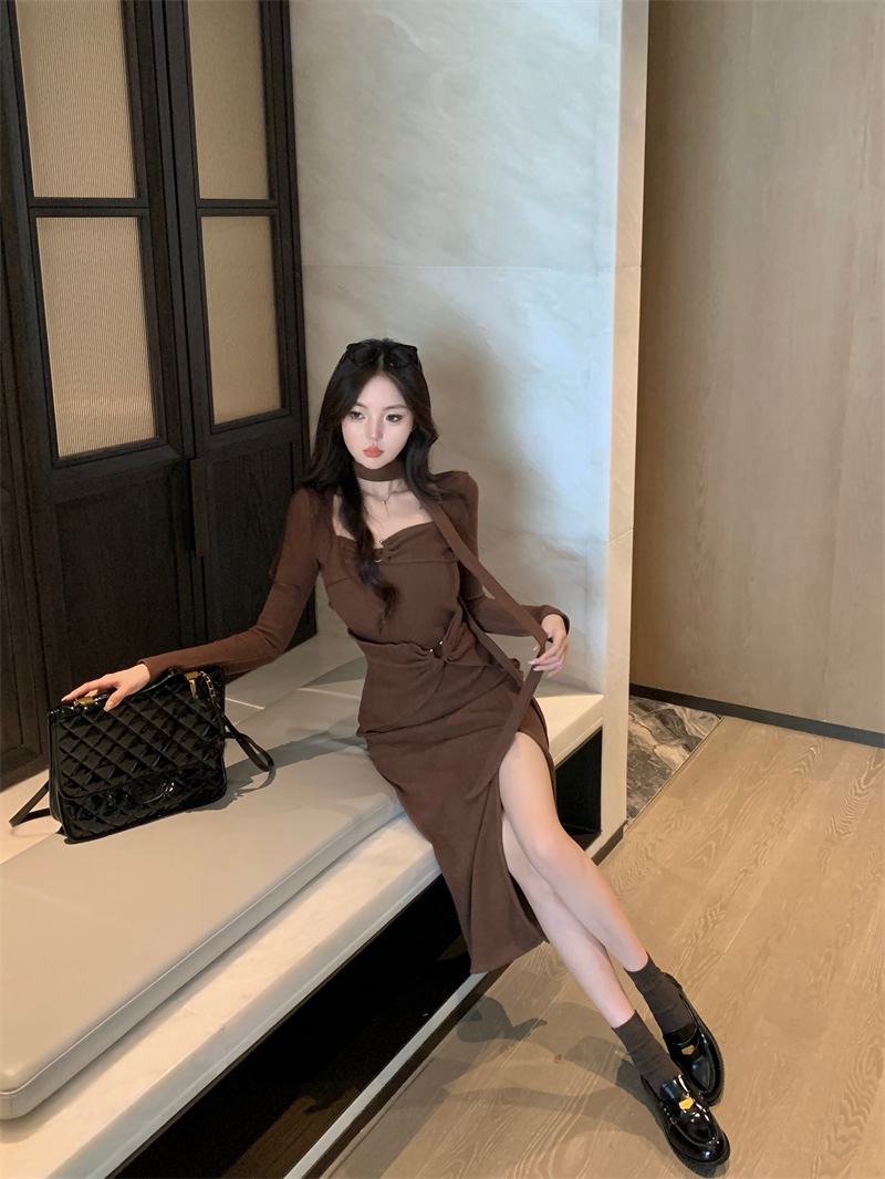 實拍~秋冬新款性感開叉包臀連衣裙女氣質顯瘦純色打底長裙