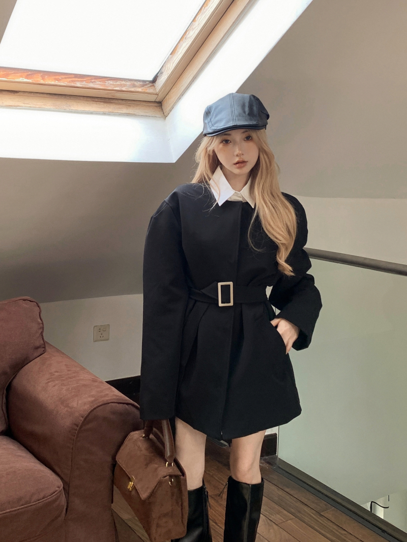 實拍 黑色圓領收腰設計感西裝外套女秋冬+設計感白色寬鬆襯衫